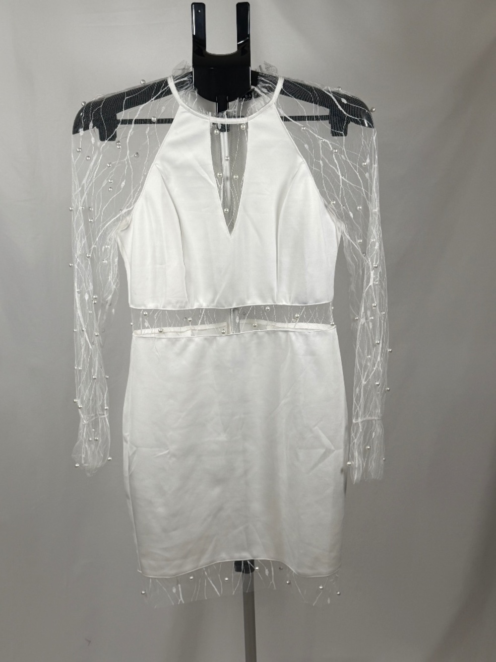 Banjul White Pearl Mesh Sleeve Bodycon Mini Dress Large